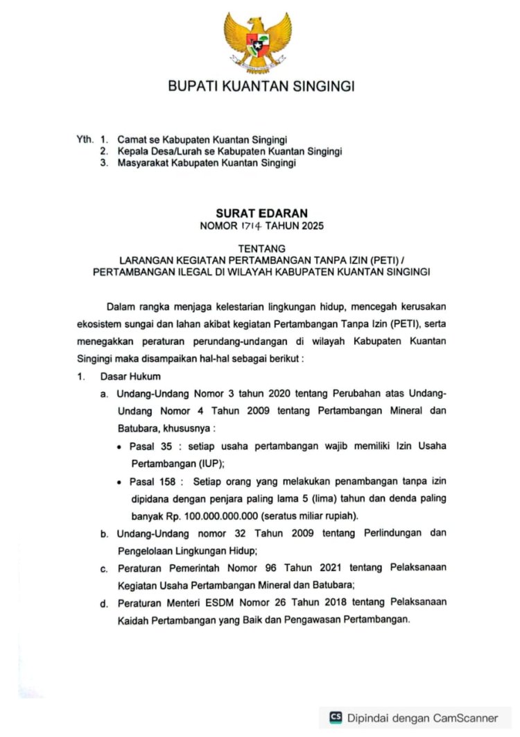 Bupati Kuansing Larang Tambang Ilegal, Soroti Kerugian Rp2,4 Triliun per Tahun